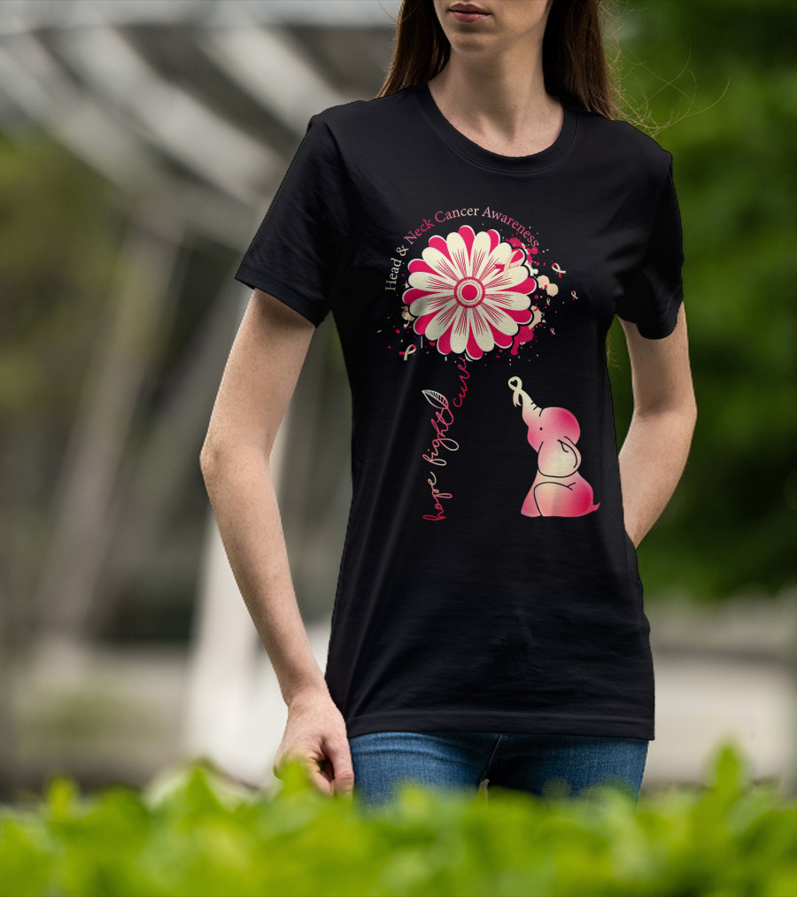 Head And Neck Cancer Awareness White And Burgundy Ribbon Hope Fight Cure Elephant Flower T-Shirt