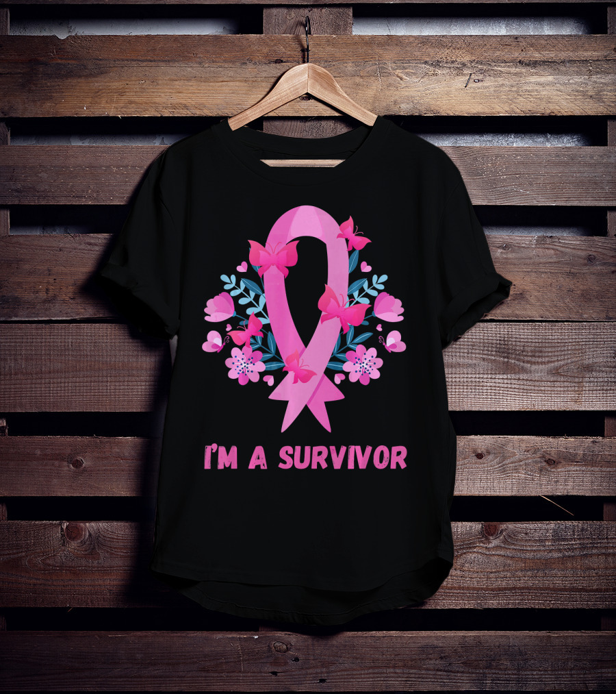 I'm A Survivor Pink Ribbon Butterfly Floral Breast Cancer T-Shirt