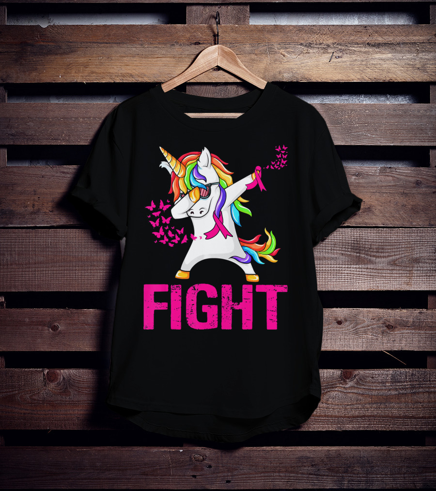Fight Breast Cancer Awareness Unicorn Dabbing With Rainbow Mane And Butterflies T-Shirt