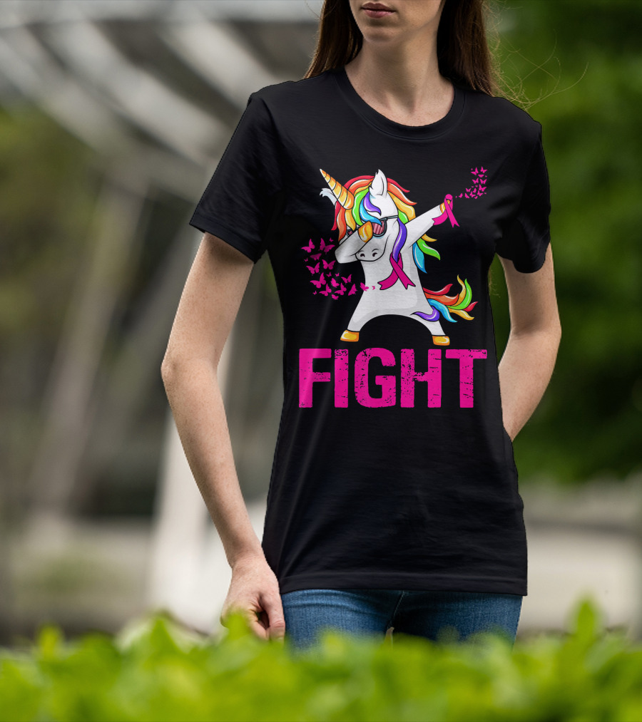 Fight Breast Cancer Awareness Unicorn Dabbing With Rainbow Mane And Butterflies T-Shirt