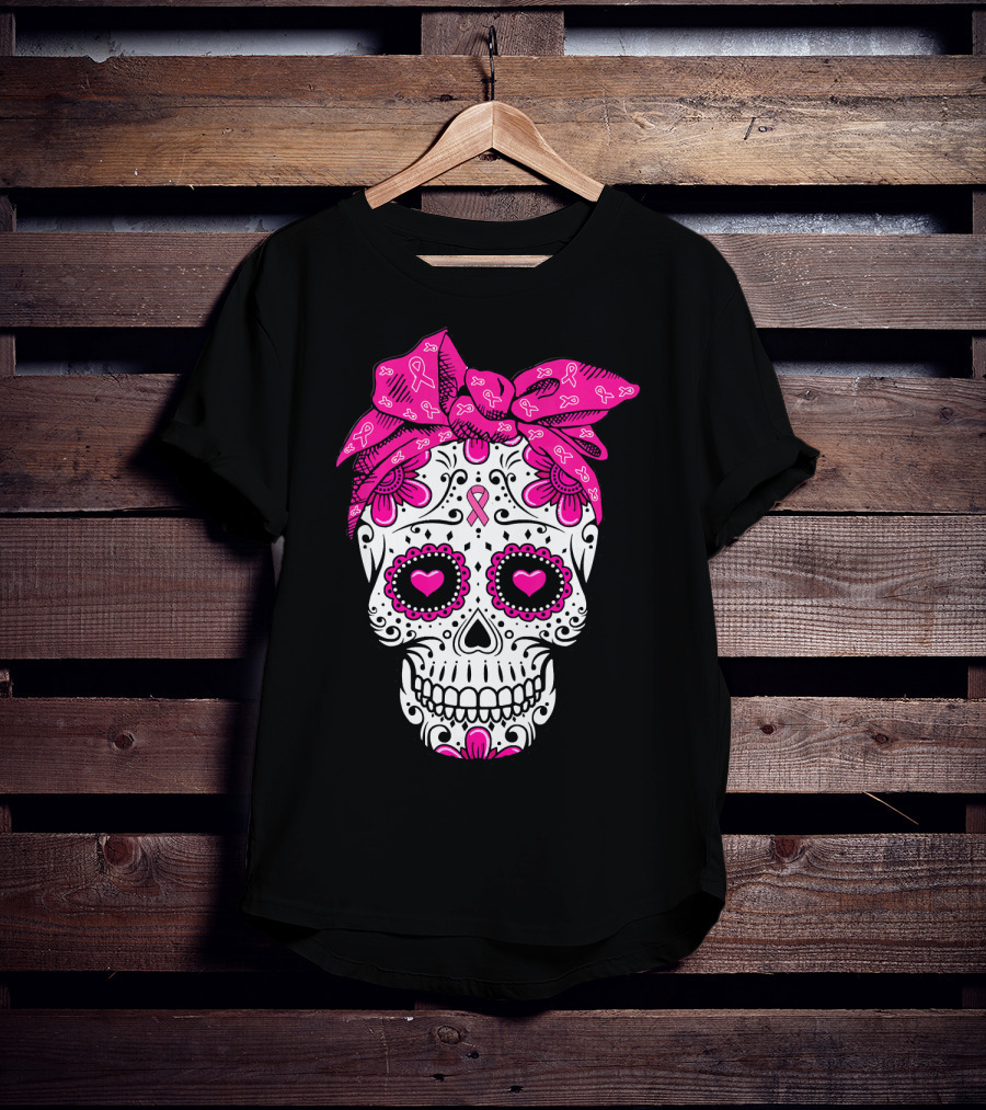 Sugar Skull With Pink Bow And Breast Cancer T-Shirt