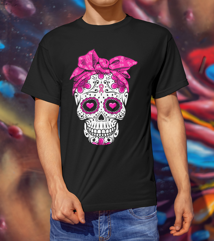 Sugar Skull With Pink Bow And Breast Cancer T-Shirt