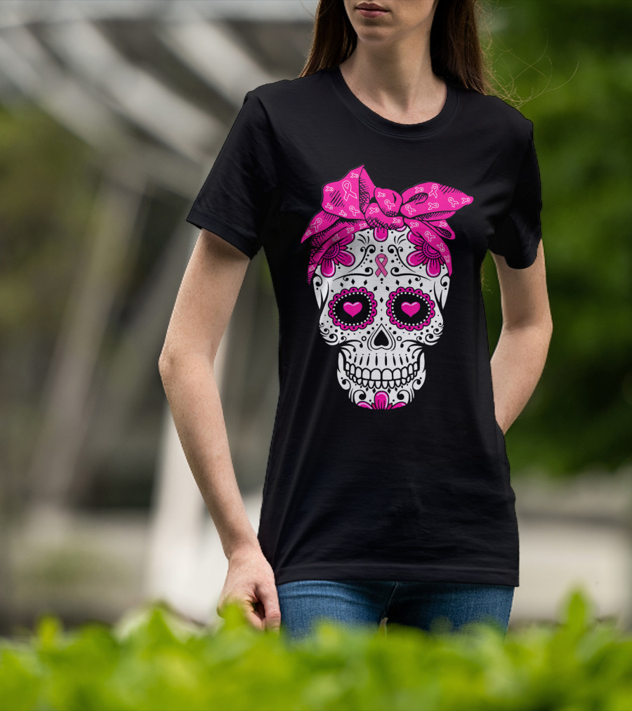Sugar Skull With Pink Bow And Breast Cancer T-Shirt