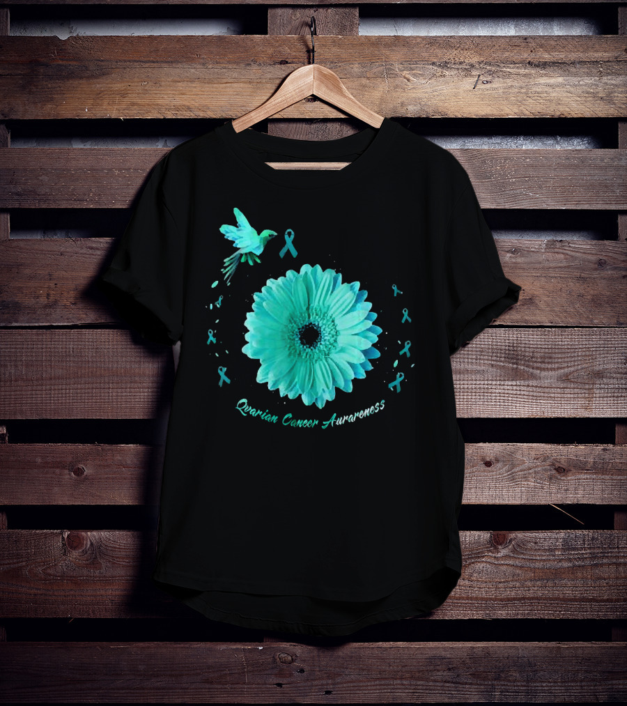 Teal Daisy Bird Ribbon Ovarian Cancer Awareness T-Shirt
