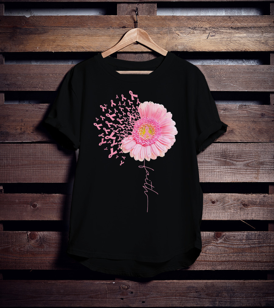 Faith Pink Ribbon Daisy Flower Breast Cancer Awareness T-Shirt