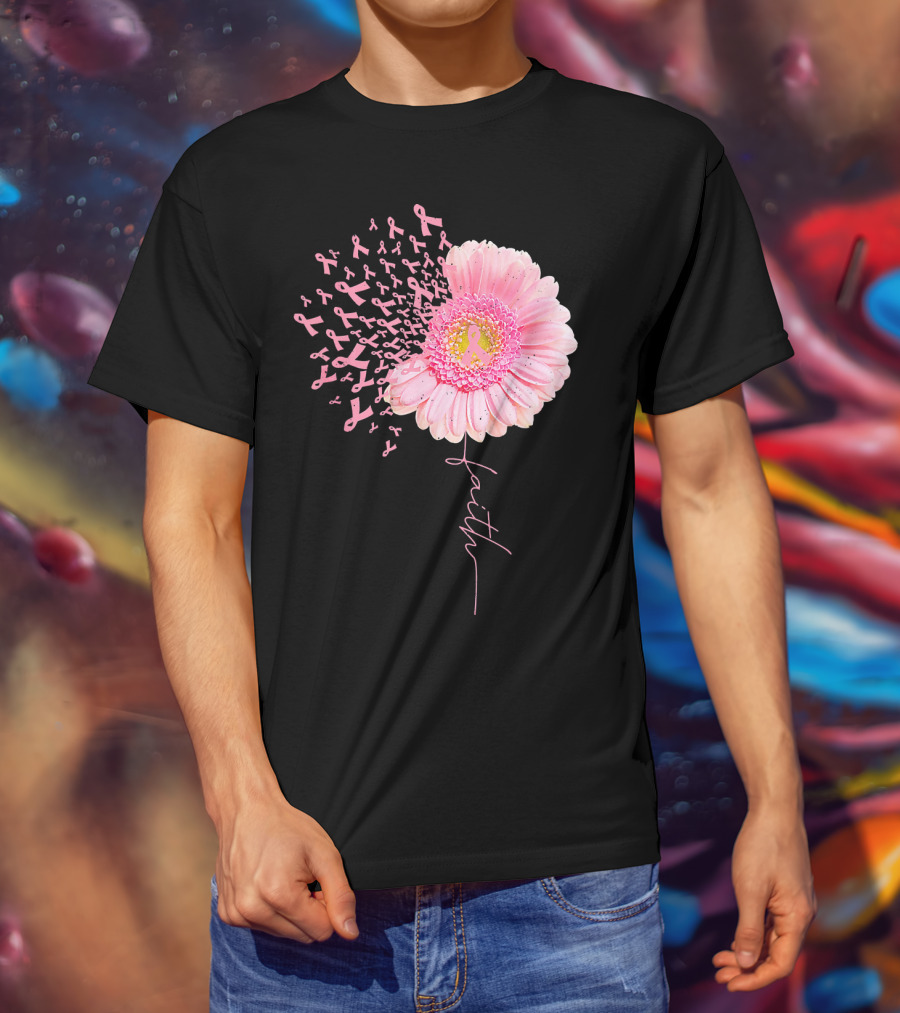 Faith Pink Ribbon Daisy Flower Breast Cancer Awareness T-Shirt