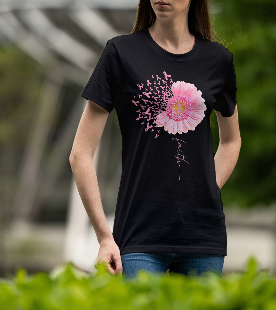 Faith Pink Ribbon Daisy Flower Breast Cancer Awareness T-Shirt