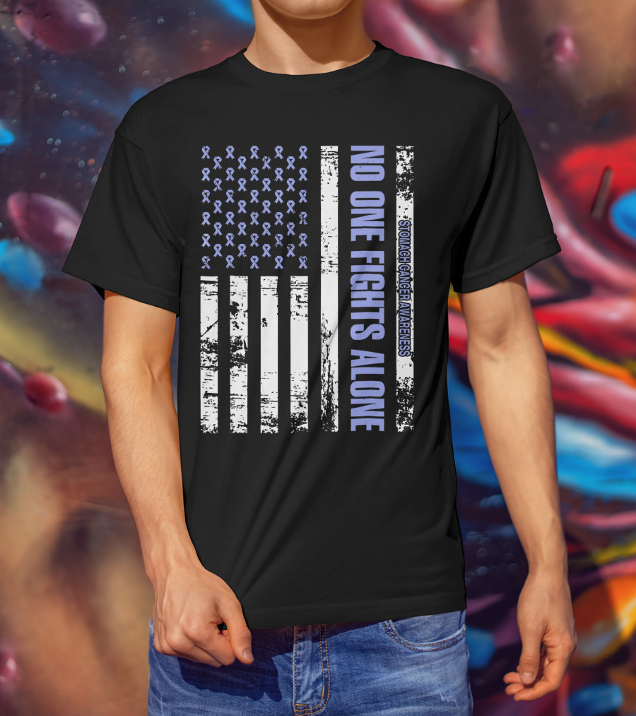 No One Fights Alone Stomach Cancer Awareness Flag With Ribbons T-Shirt