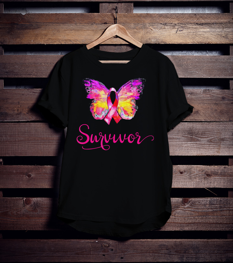 Survivor Butterfly Pink Ribbon Breast Cancer Awareness T-Shirt