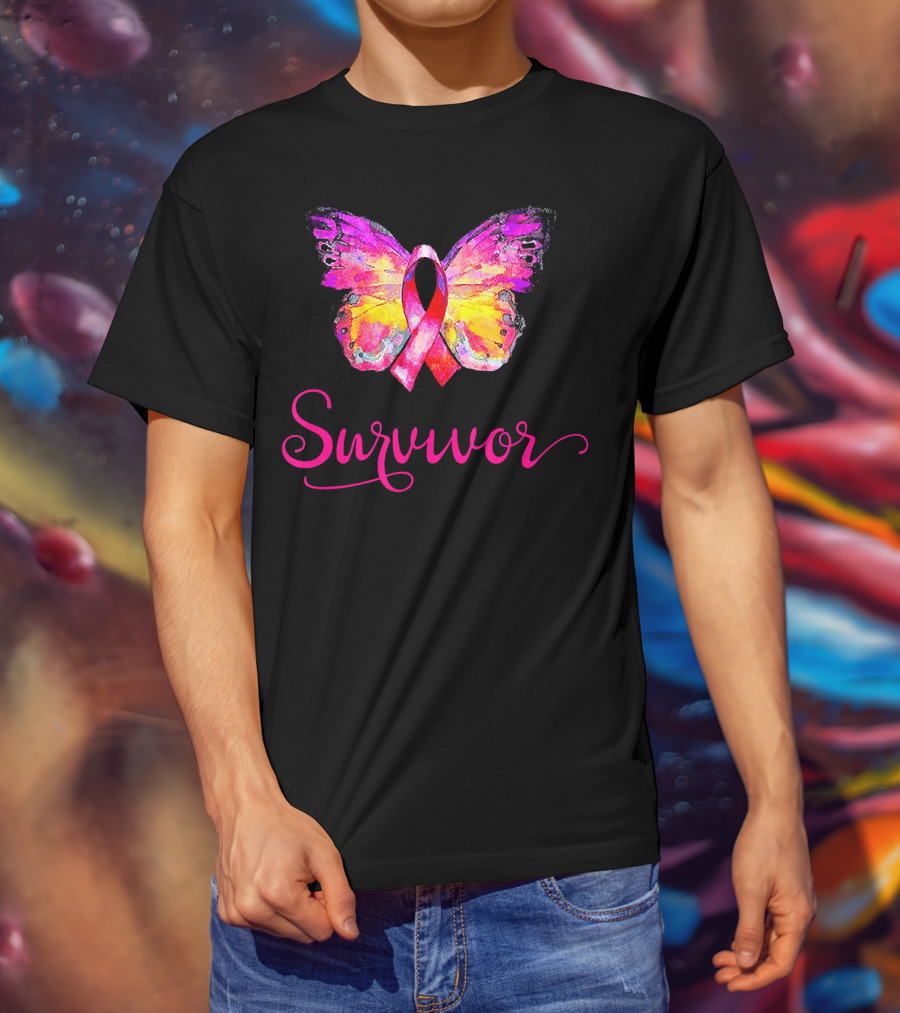 Survivor Butterfly Pink Ribbon Breast Cancer Awareness T-Shirt
