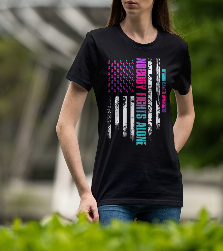 Nobody Fights Alone USA Flag Thyroid Cancer Awareness T-Shirt