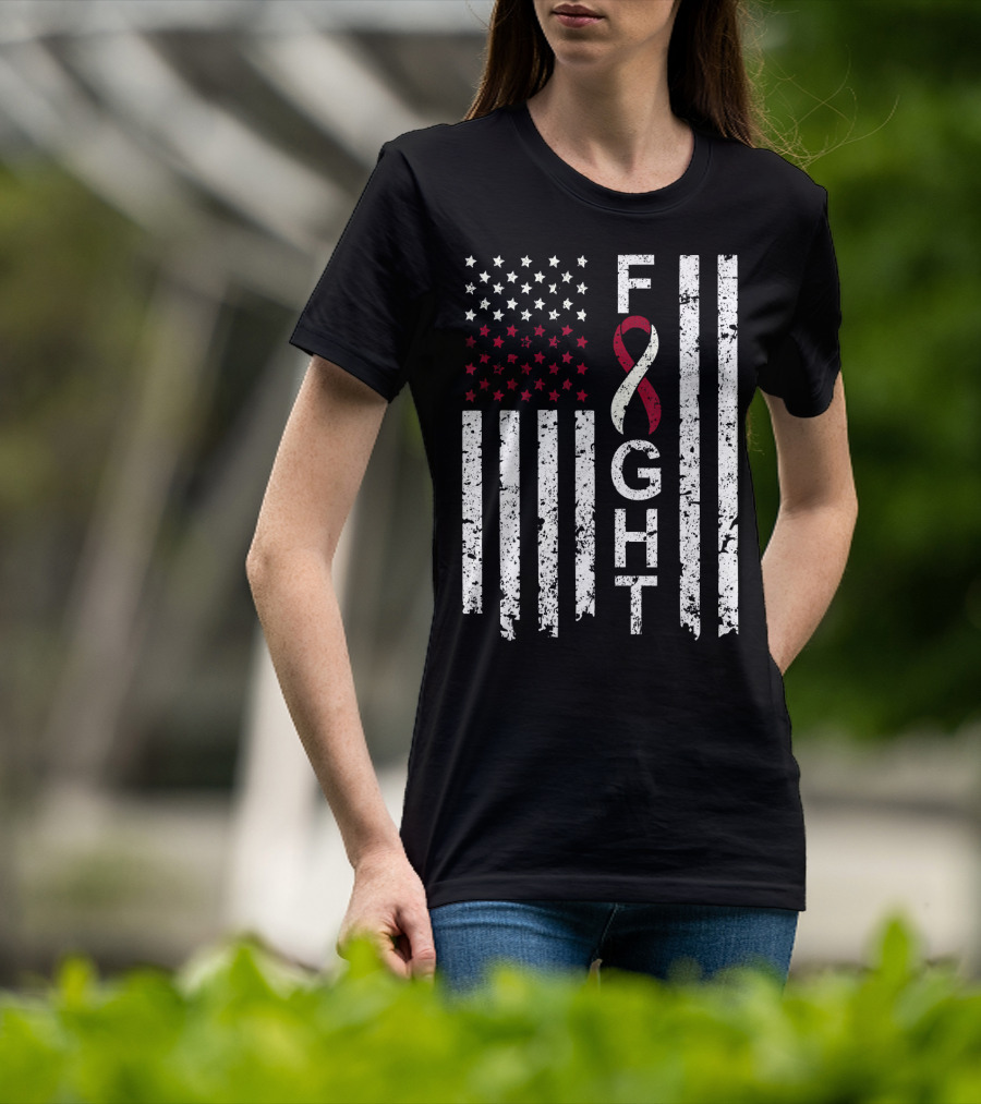 Head And Neck Cancer Awareness Fight Ribbon American Flag T-Shirt