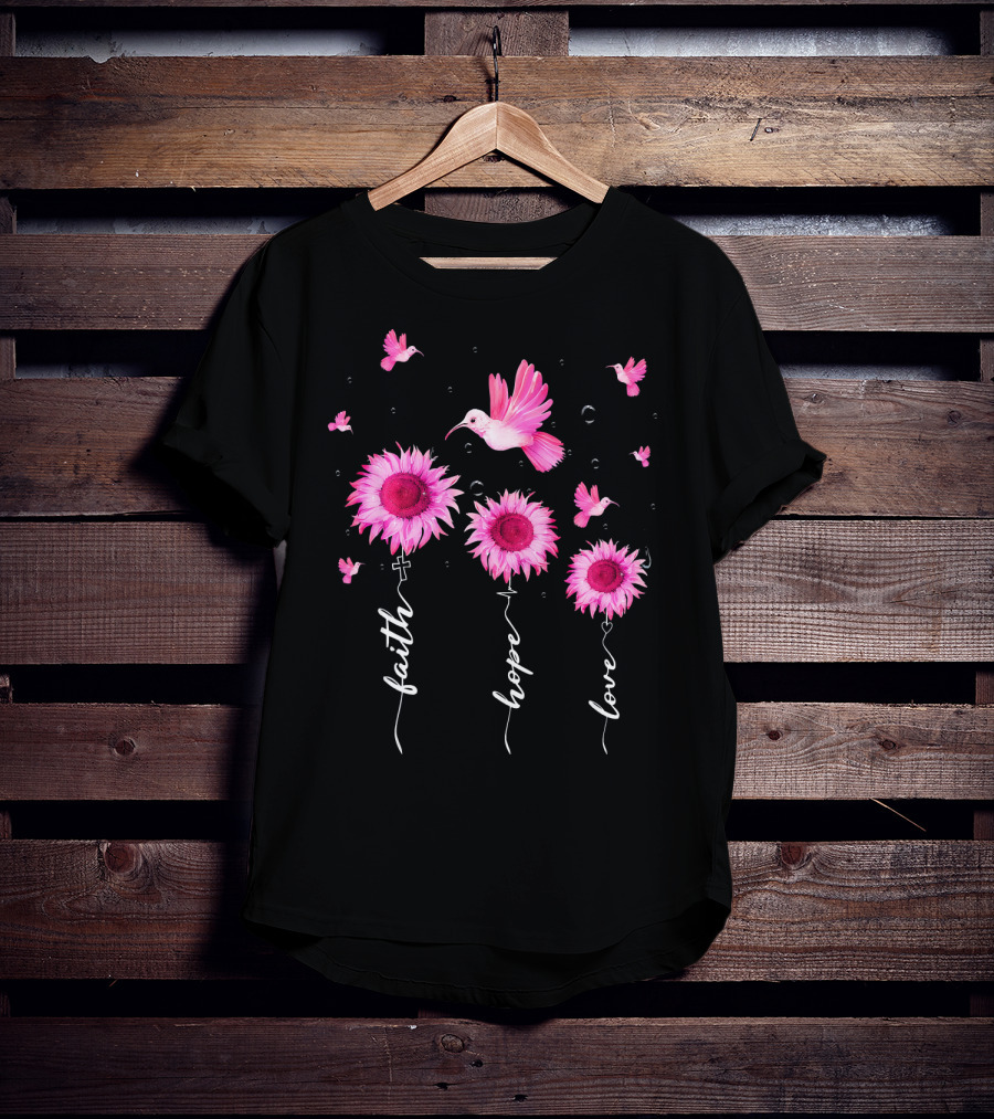 Hummingbird Daisy Faith Hope Love Pink Ribbon Breast Cancer Awareness T-Shirt