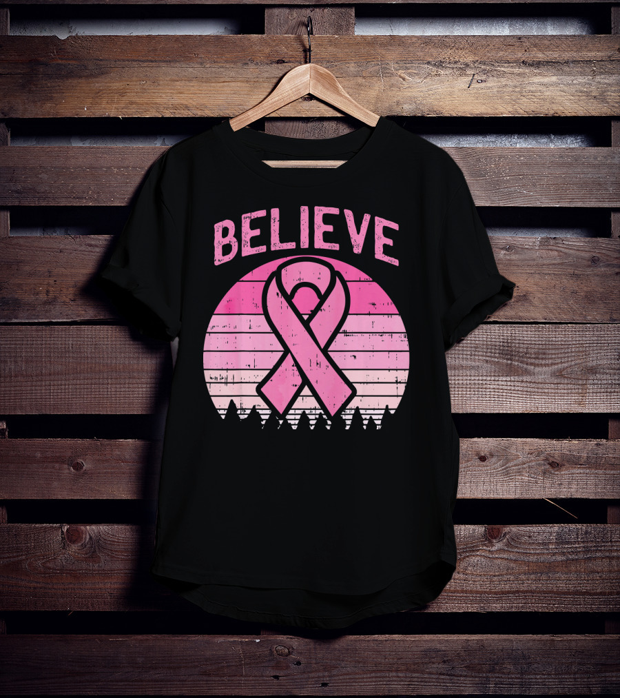 Believe Retro Sunset Pink Ribbon Breast Cancer Awareness T-Shirt