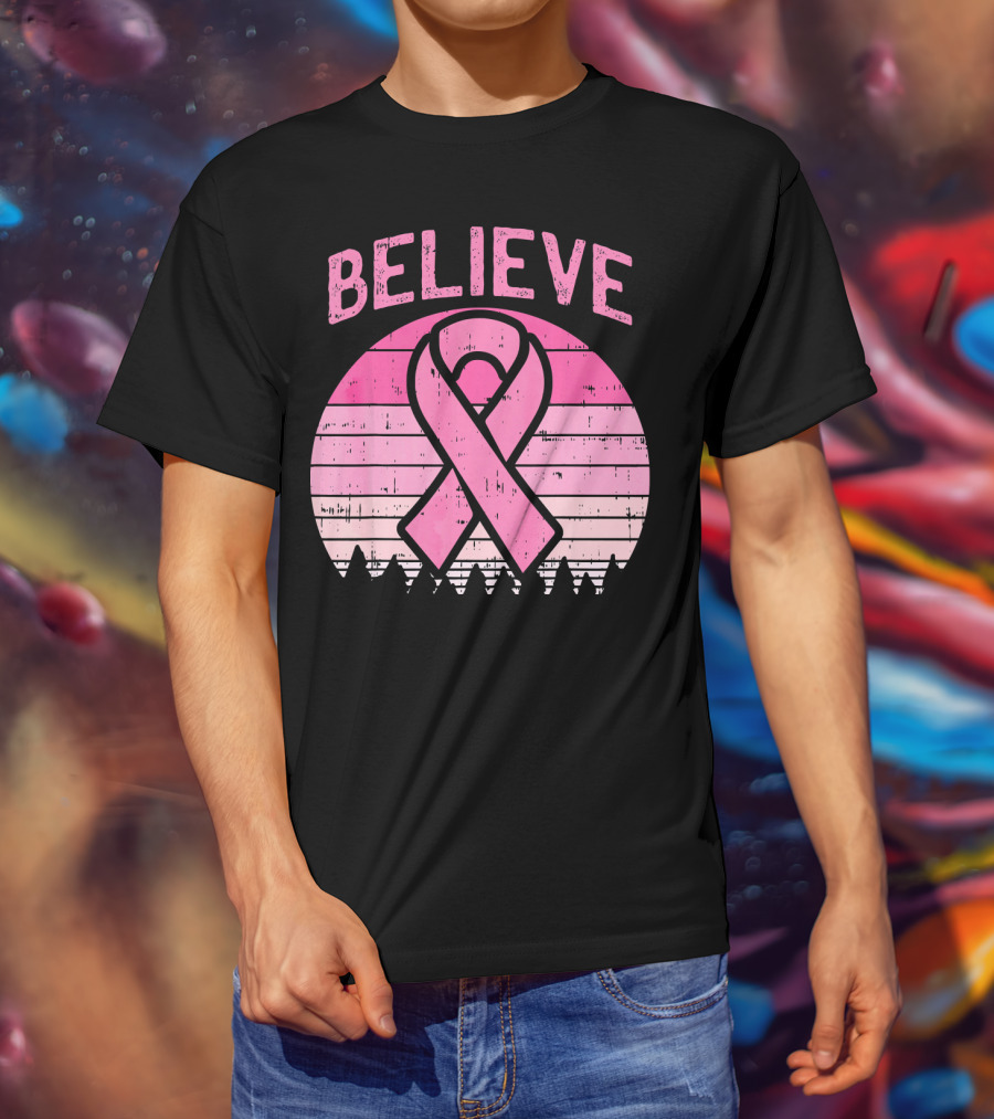 Believe Retro Sunset Pink Ribbon Breast Cancer Awareness T-Shirt