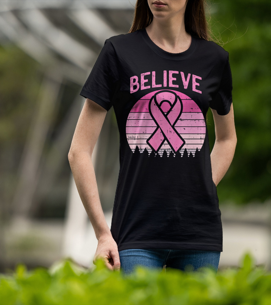 Believe Retro Sunset Pink Ribbon Breast Cancer Awareness T-Shirt