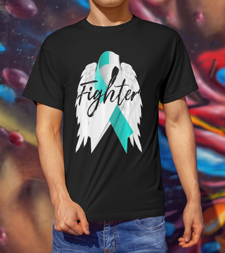 Cervical Cancer Fighter Teal Ribbon With Angel Wings T-Shirt