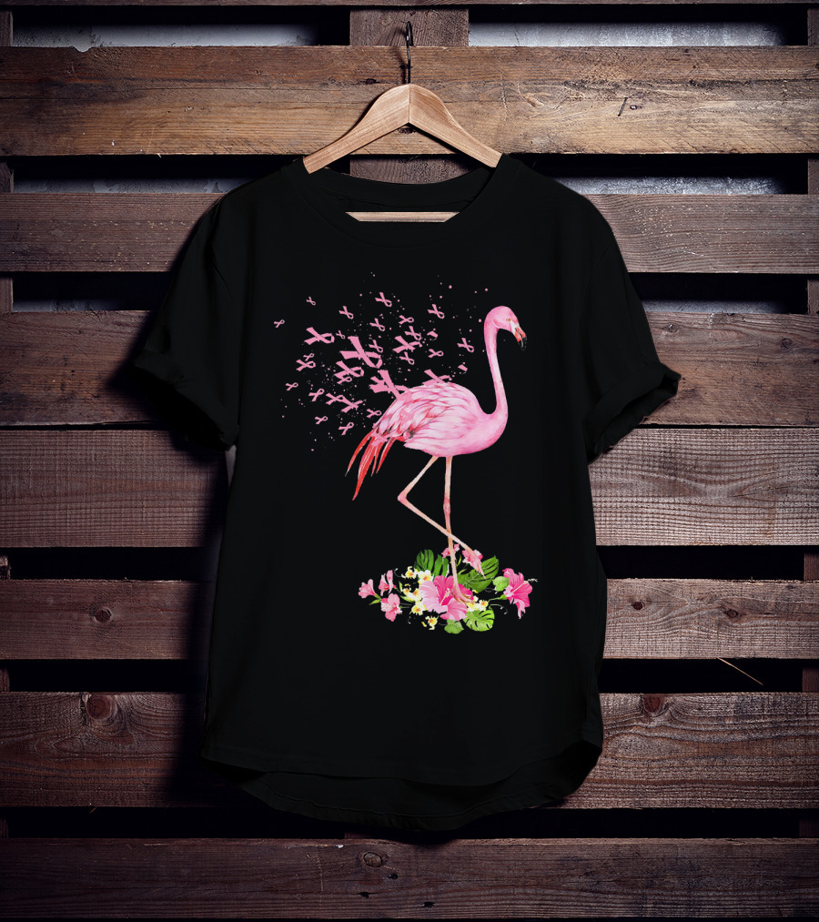 Flamingo With Pink Breast Cancer Ribbons And Floral Accents T-Shirt
