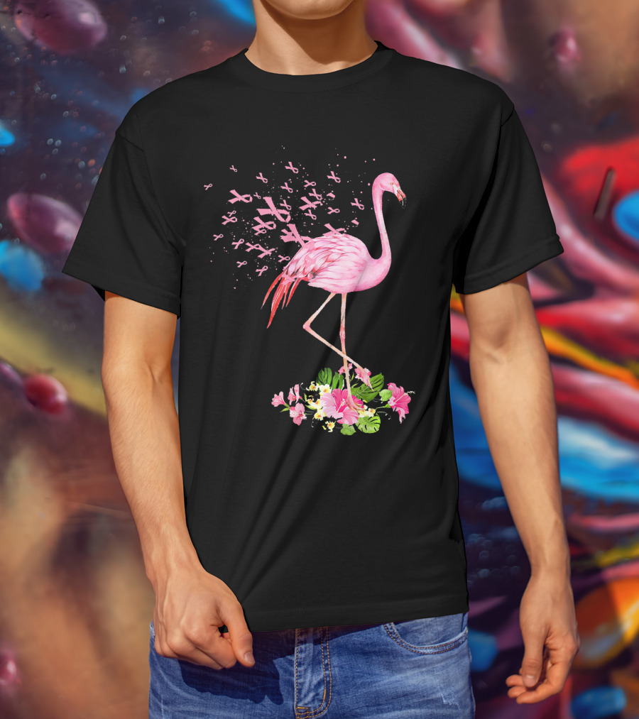 Flamingo With Pink Breast Cancer Ribbons And Floral Accents T-Shirt