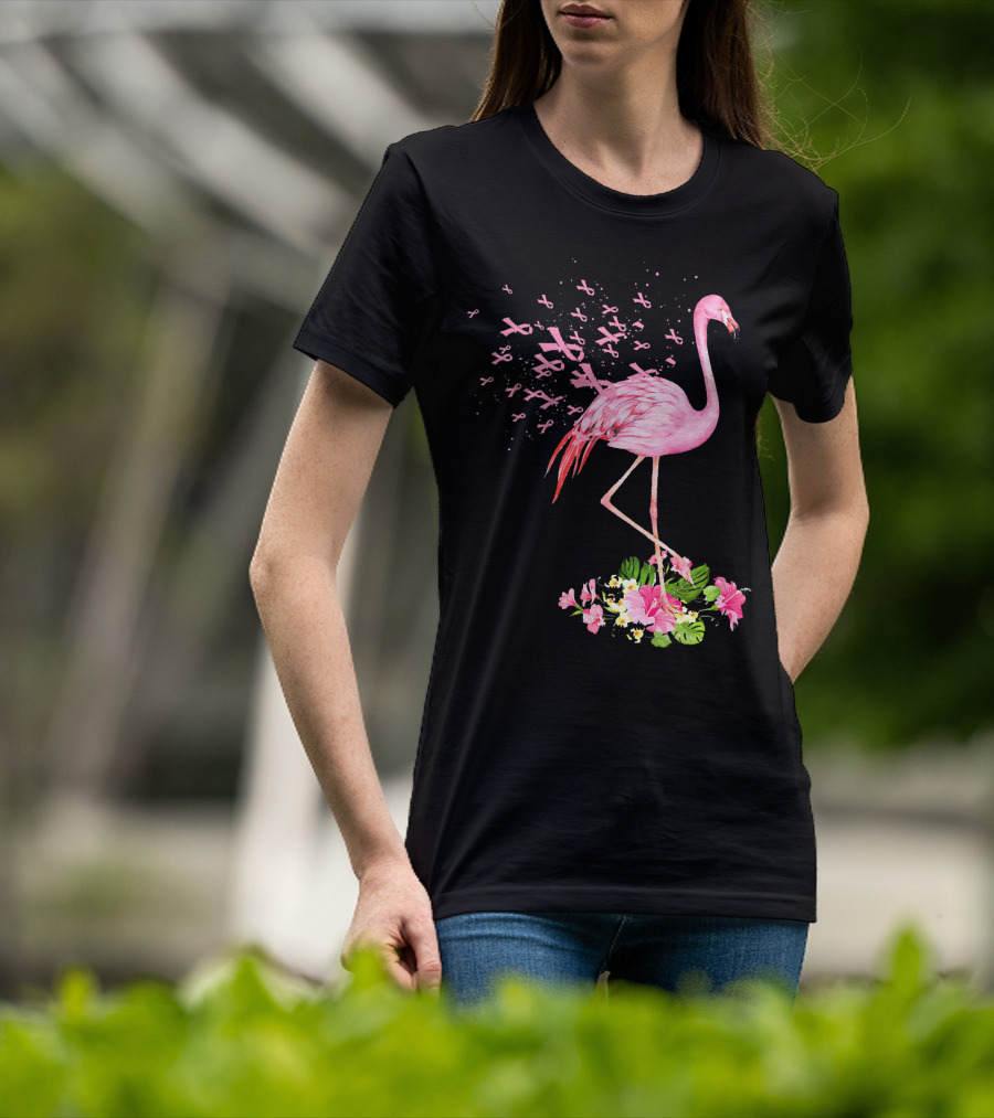 Flamingo With Pink Breast Cancer Ribbons And Floral Accents T-Shirt