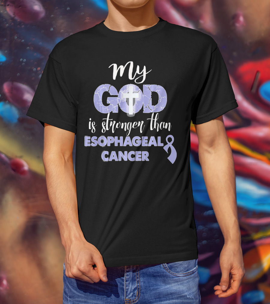 My God Is Stronger Than Esophageal Cancer Purple Ribbon Cross T-Shirt