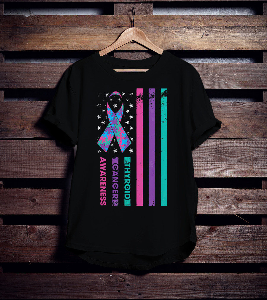Thyroid Cancer Awareness Puzzle Ribbon Flag Stars Stripes T-Shirt