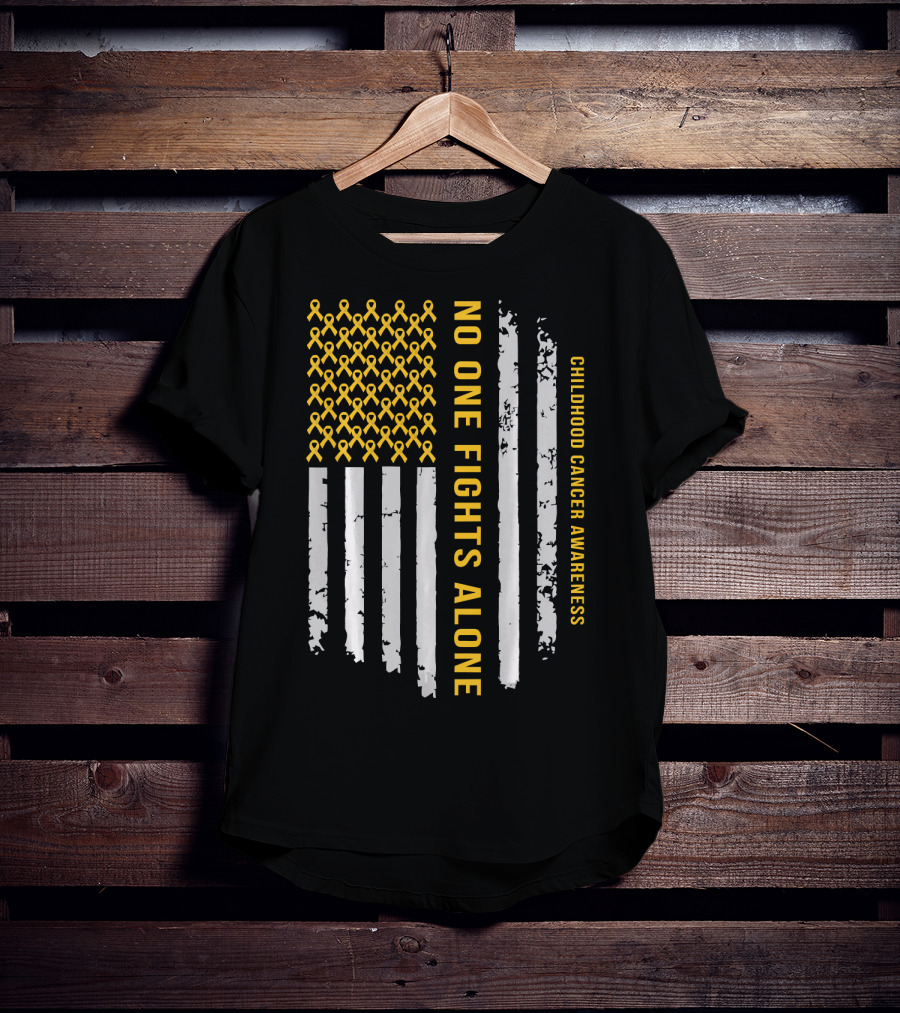 No One Fights Alone Childhood Cancer Awareness American Flag T-Shirt