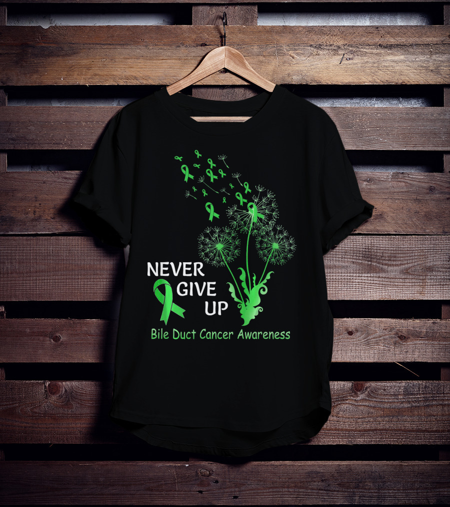 Never Give Up Bile Duct Cancer Awareness Dandelion Green Ribbons T-Shirt