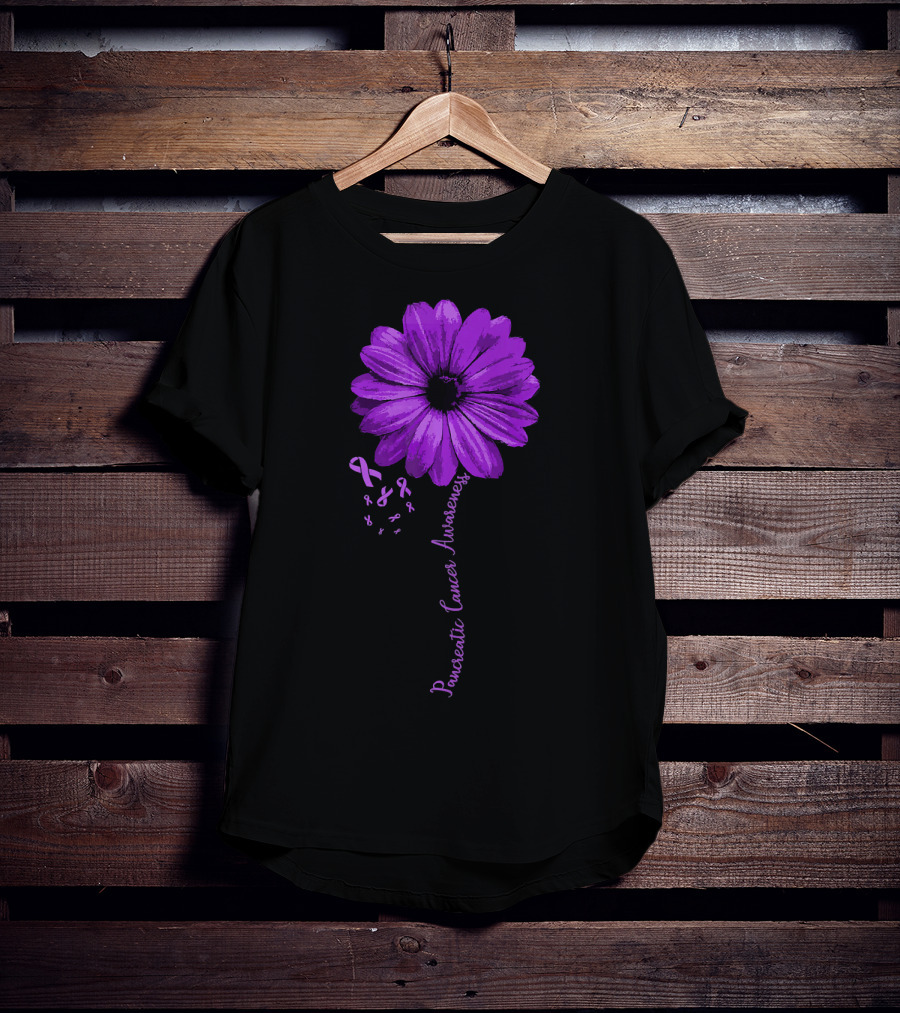 Pancreatic Cancer Awareness Purple Ribbon Purple Flower T-Shirt