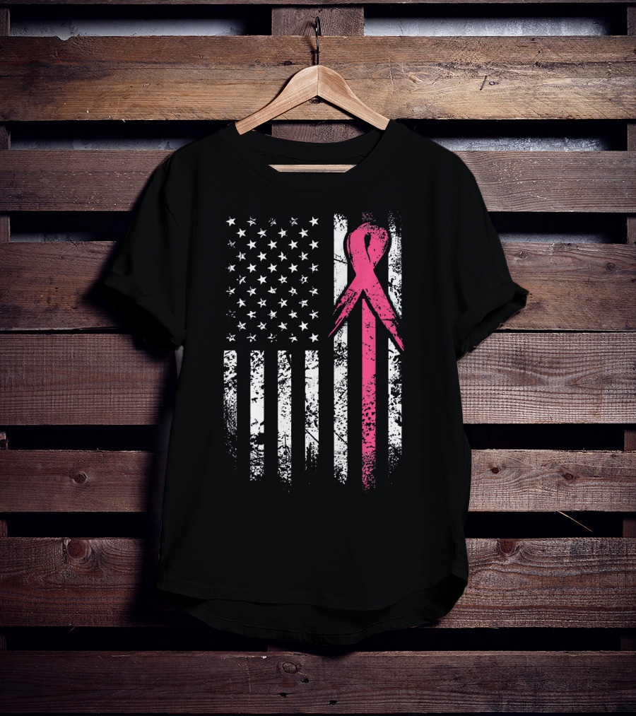 Breast Cancer Awareness American Flag Grunge T-Shirt