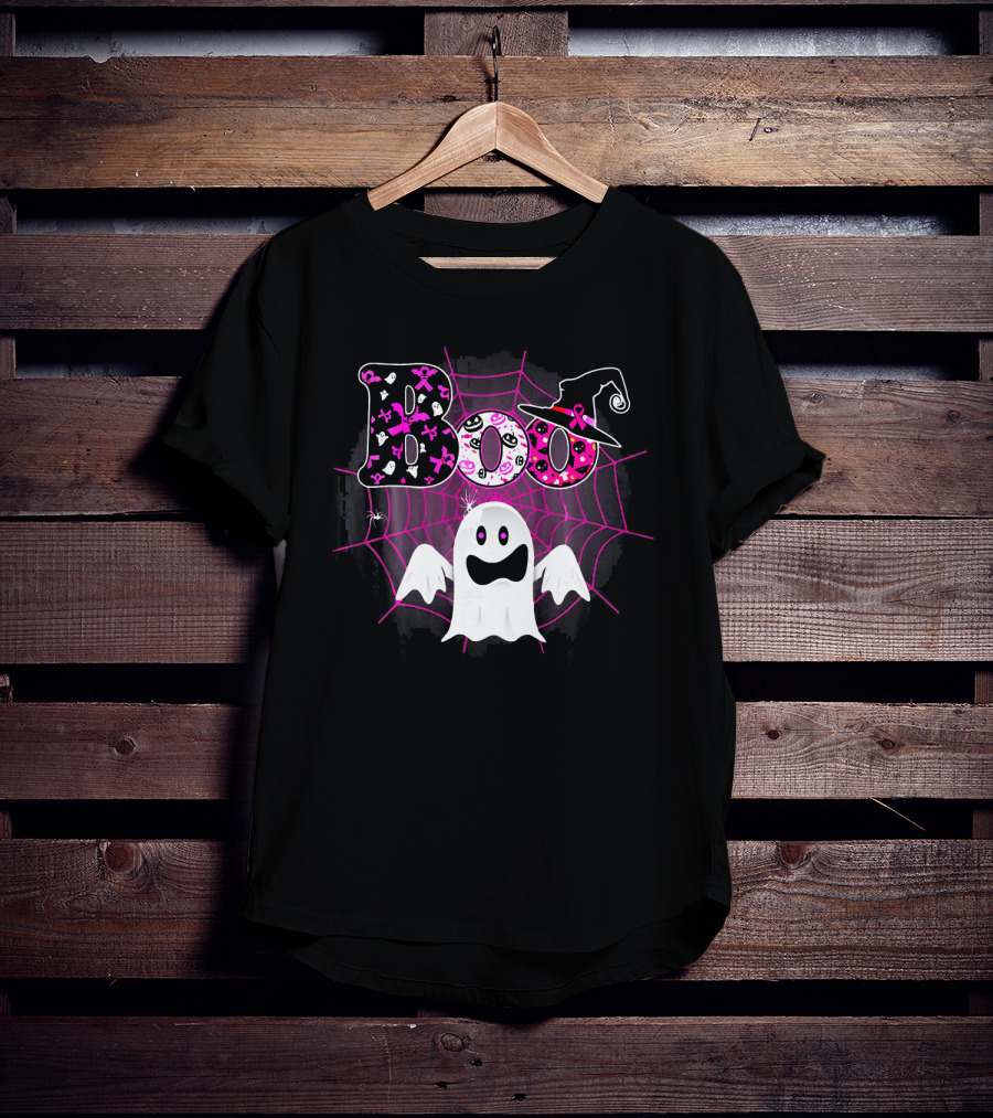 Boo Breast Cancer Awareness Ghost With Witch Hat And Pink Ribbon Web T-Shirt
