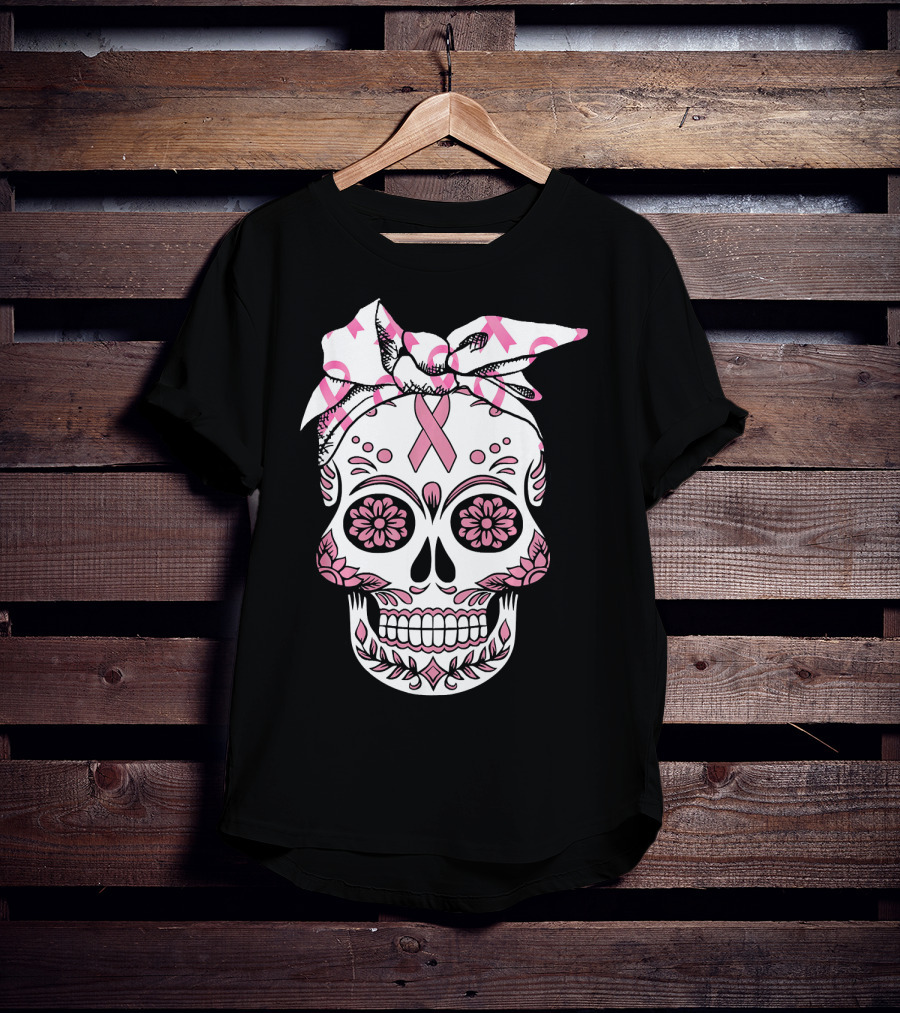 Day Of The Dead Skull With Pink Ribbon For Breast Cancer Awareness T-Shirt