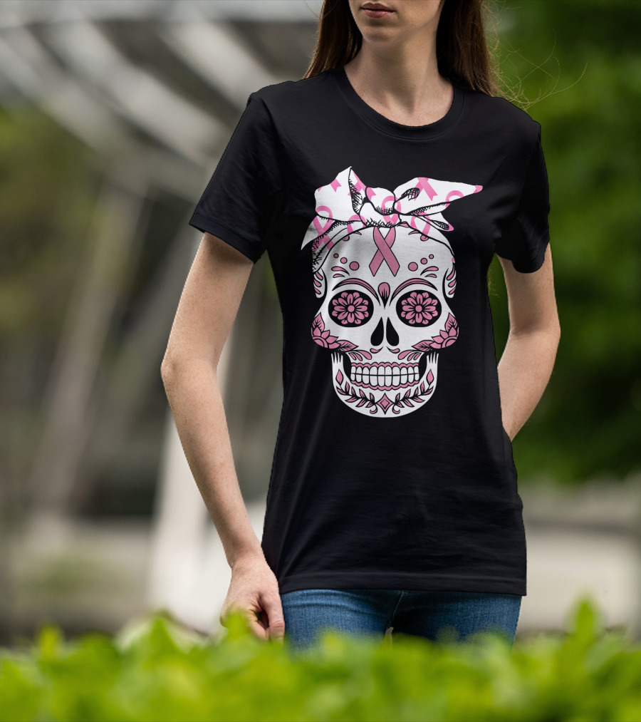 Day Of The Dead Skull With Pink Ribbon For Breast Cancer Awareness T-Shirt