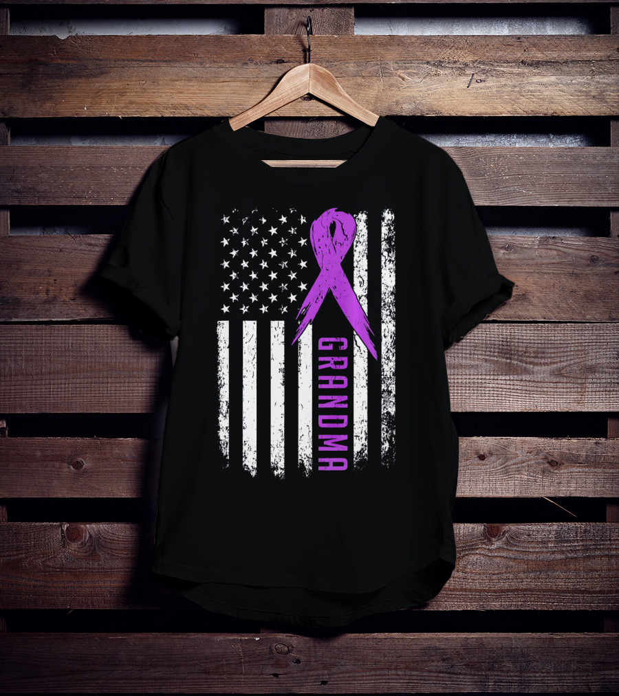 Grandma American Flag Purple Ribbon Pancreatic Cancer Awareness T-Shirt