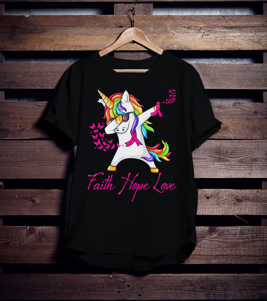Faith Hope Love Pink Unicorn Breast Cancer Awareness T-Shirt