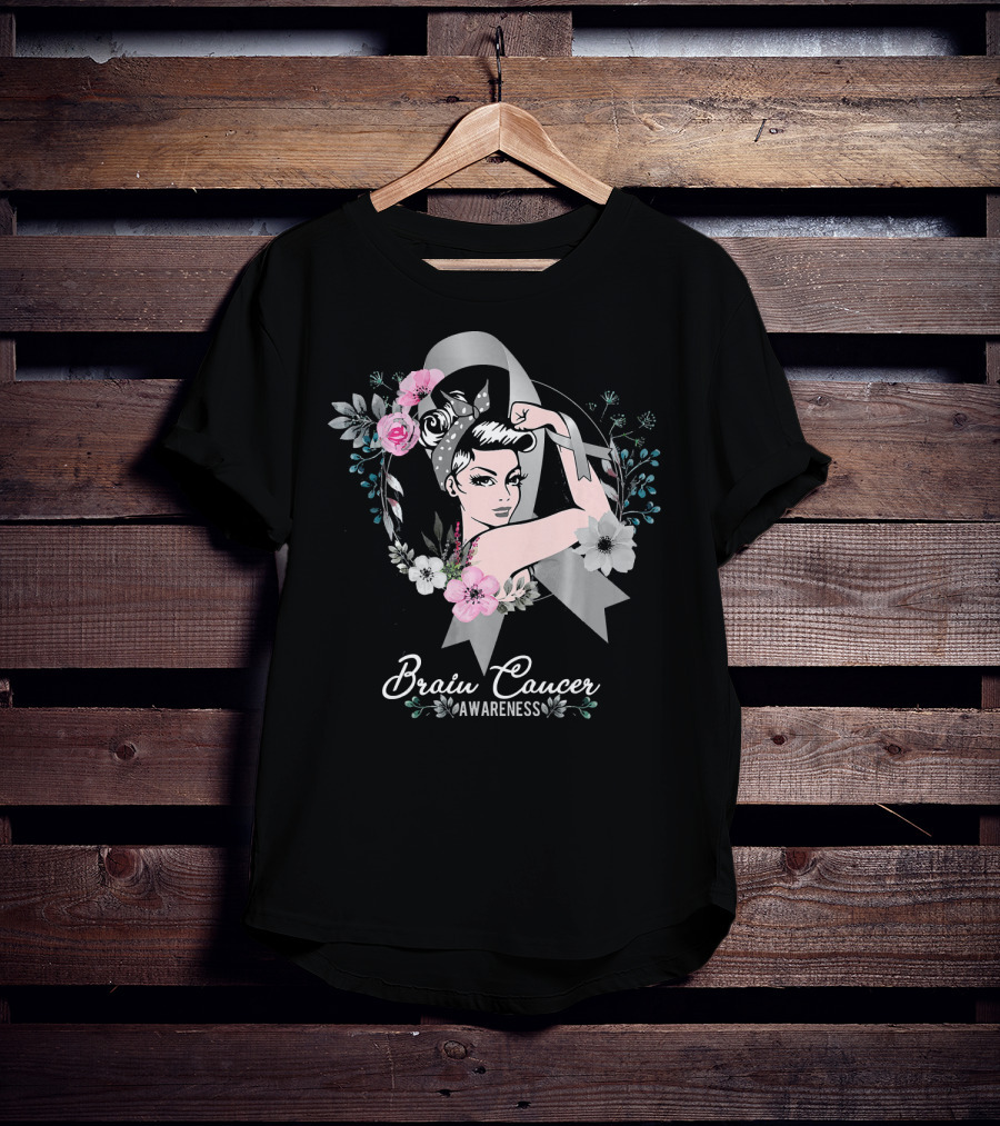 BRAIN CANCER AWARENESS Woman Gray Ribbon Floral T-Shirt
