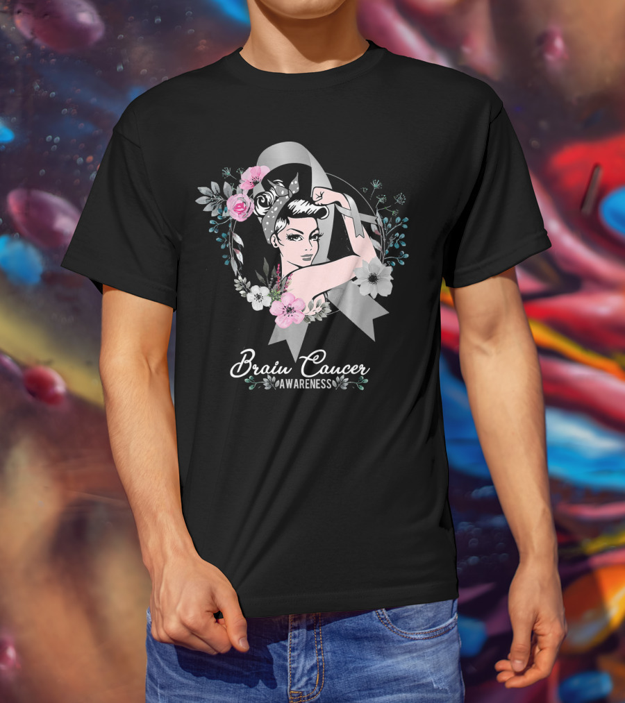 BRAIN CANCER AWARENESS Woman Gray Ribbon Floral T-Shirt