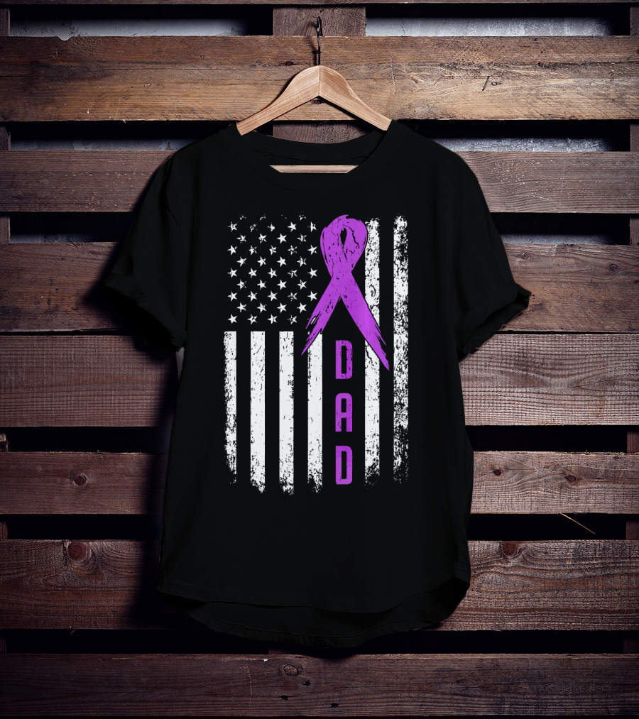 Dad American Flag Pancreatic Cancer Awareness Purple T-Shirt