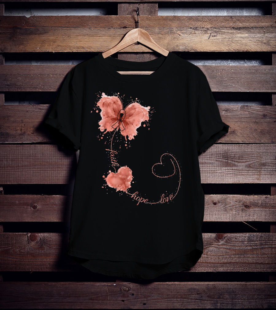 Faith Hope Love Butterfly Ribbon Uterine Cancer Awareness T-Shirt