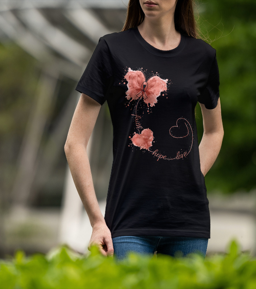 Faith Hope Love Butterfly Ribbon Uterine Cancer Awareness T-Shirt
