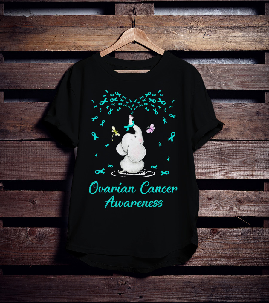 Ovarian Cancer Awareness Elephant With Ribbon And Butterflies T-Shirt