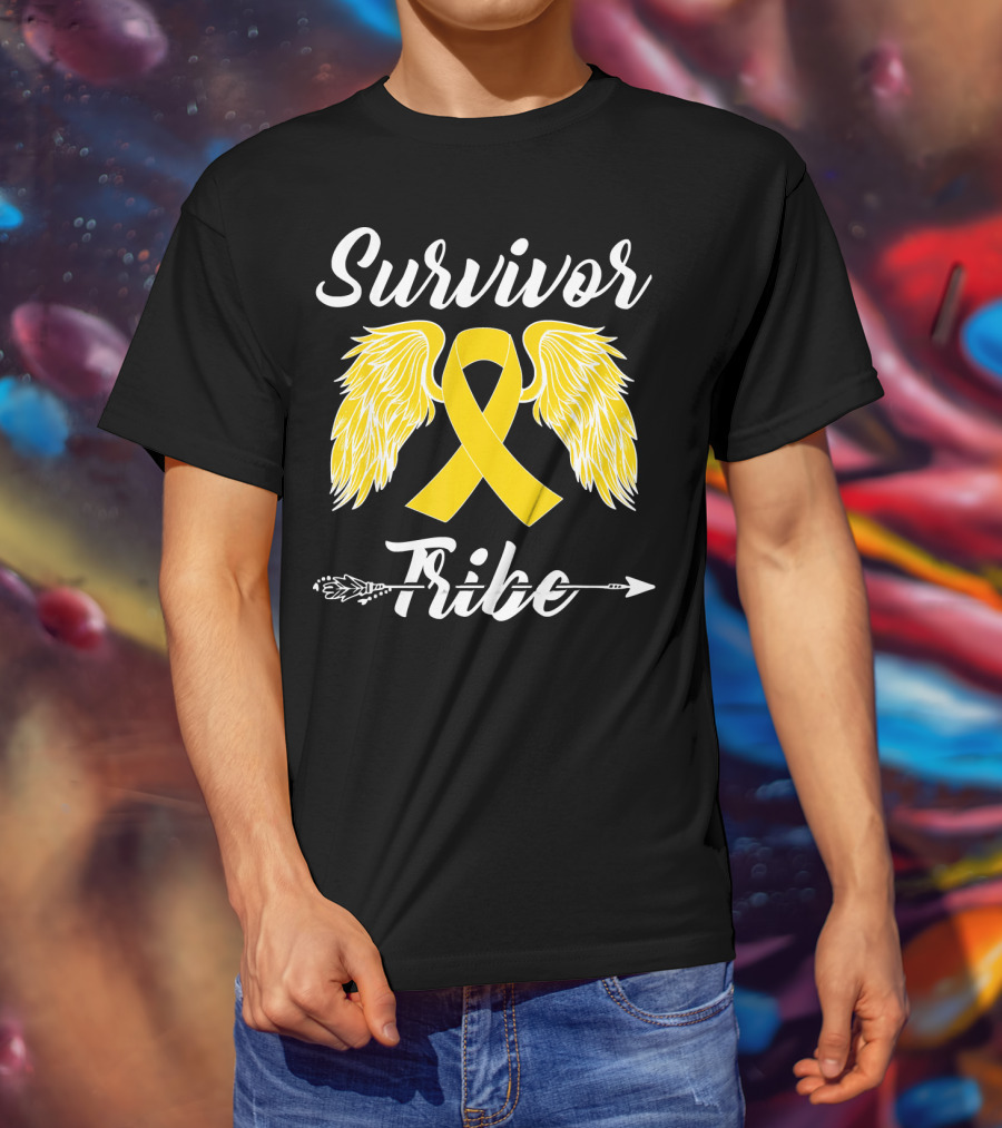 Survivor Tribe Childhood Cancer Awareness Yellow Ribbon Wings T-Shirt