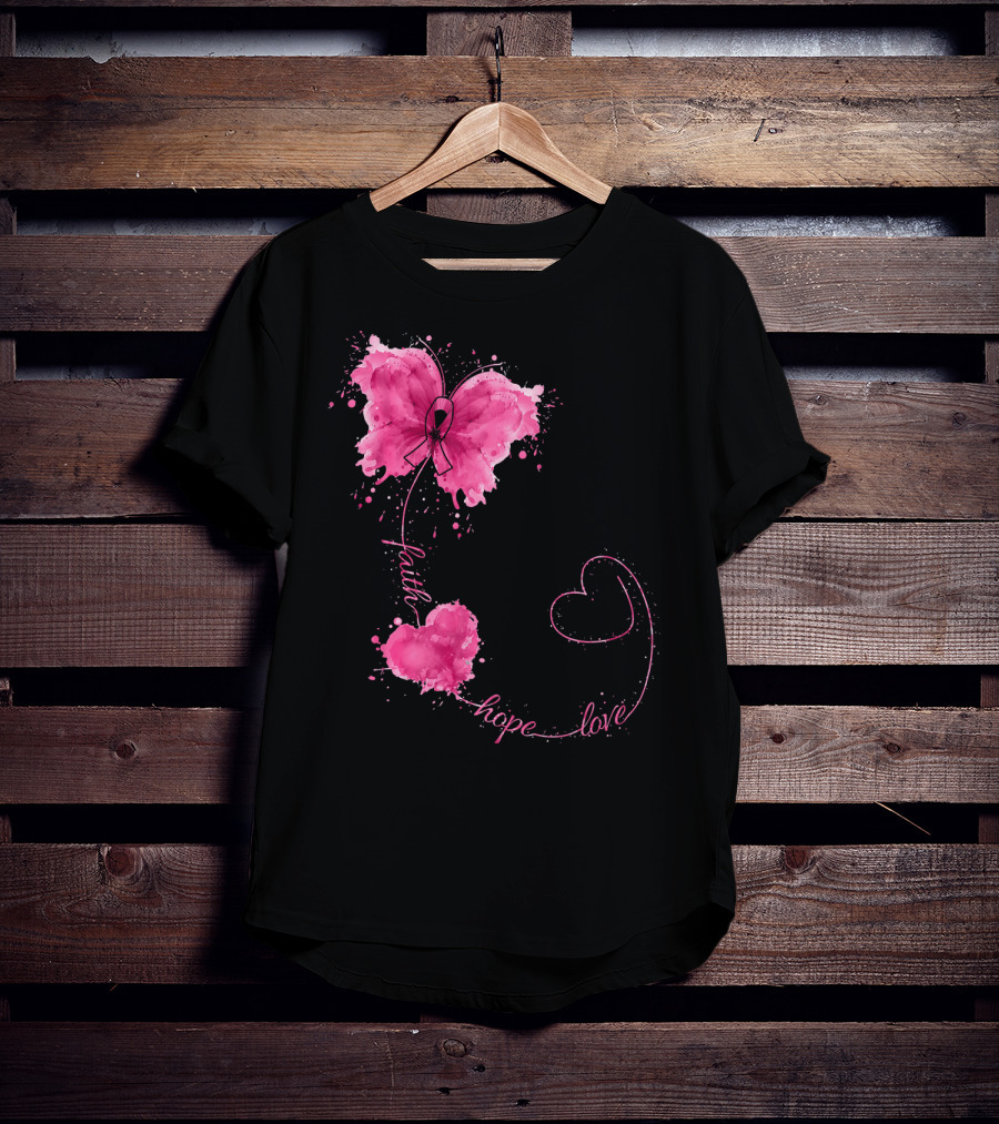 Faith Hope Love Butterfly With Pink Ribbon Breast Cancer Awareness T-Shirt