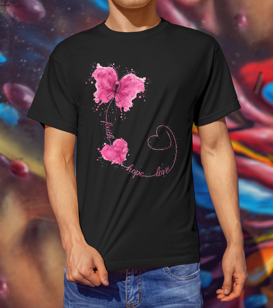 Faith Hope Love Butterfly With Pink Ribbon Breast Cancer Awareness T-Shirt