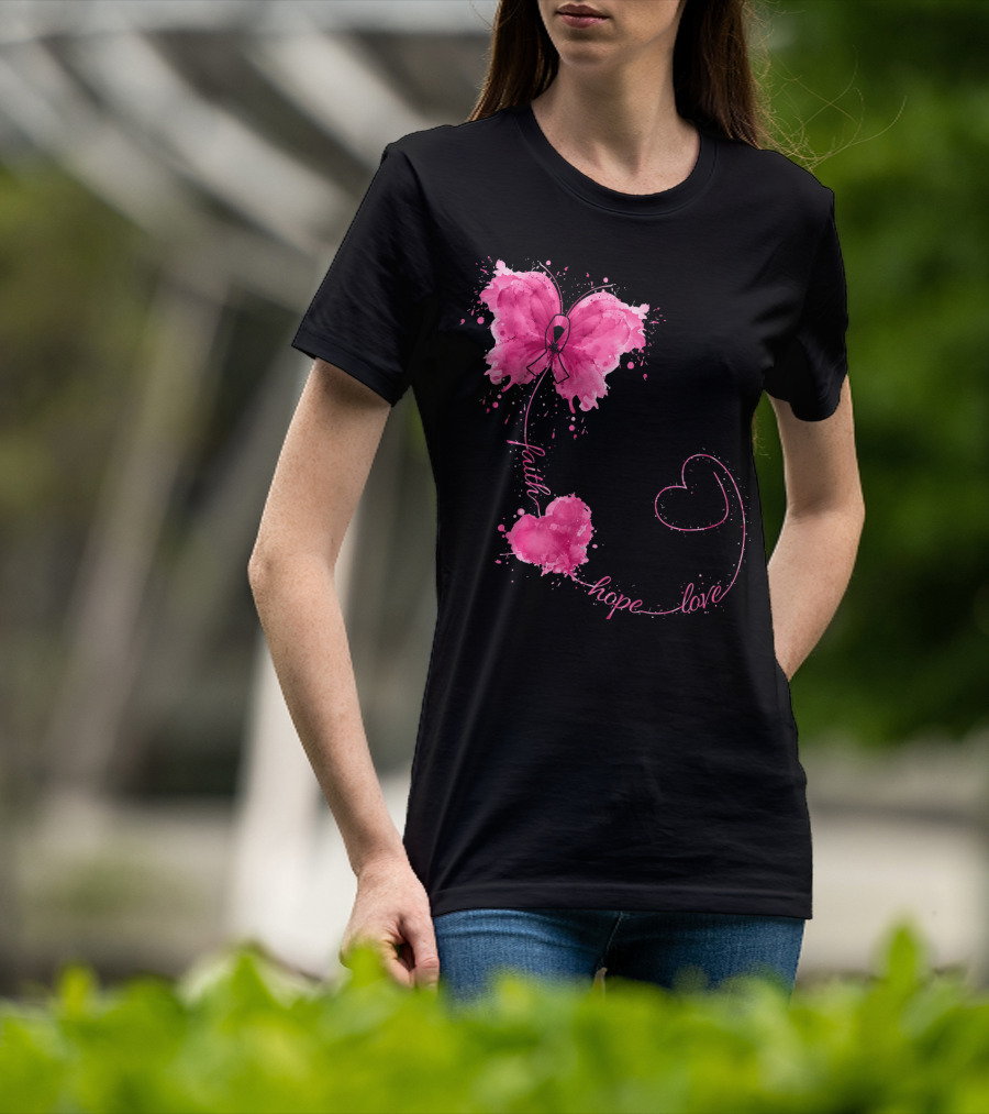 Faith Hope Love Butterfly With Pink Ribbon Breast Cancer Awareness T-Shirt