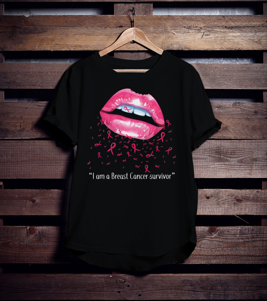 I Am A Breast Cancer Survivor Pink Ribbon Lips T-Shirt