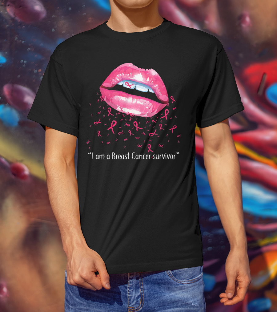 I Am A Breast Cancer Survivor Pink Ribbon Lips T-Shirt
