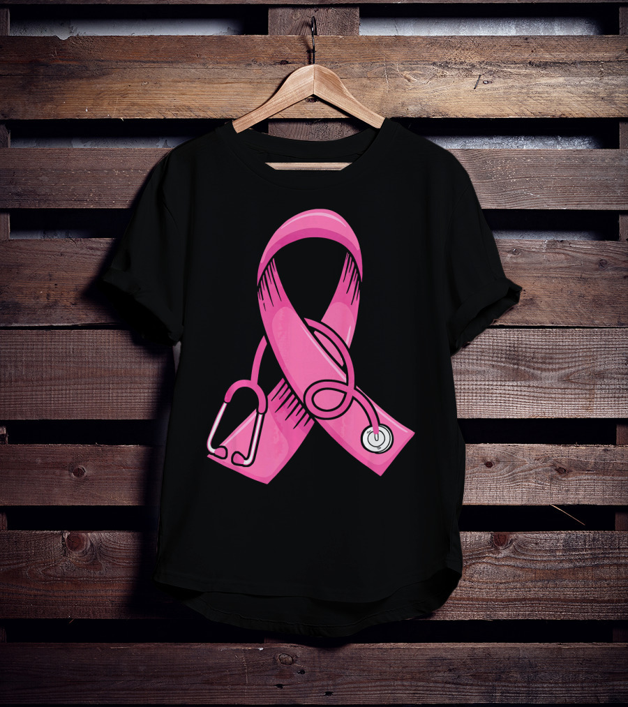Pink Ribbon Heartbeat Nurse Doctor Breast Cancer Awareness Stethoscope T-Shirt