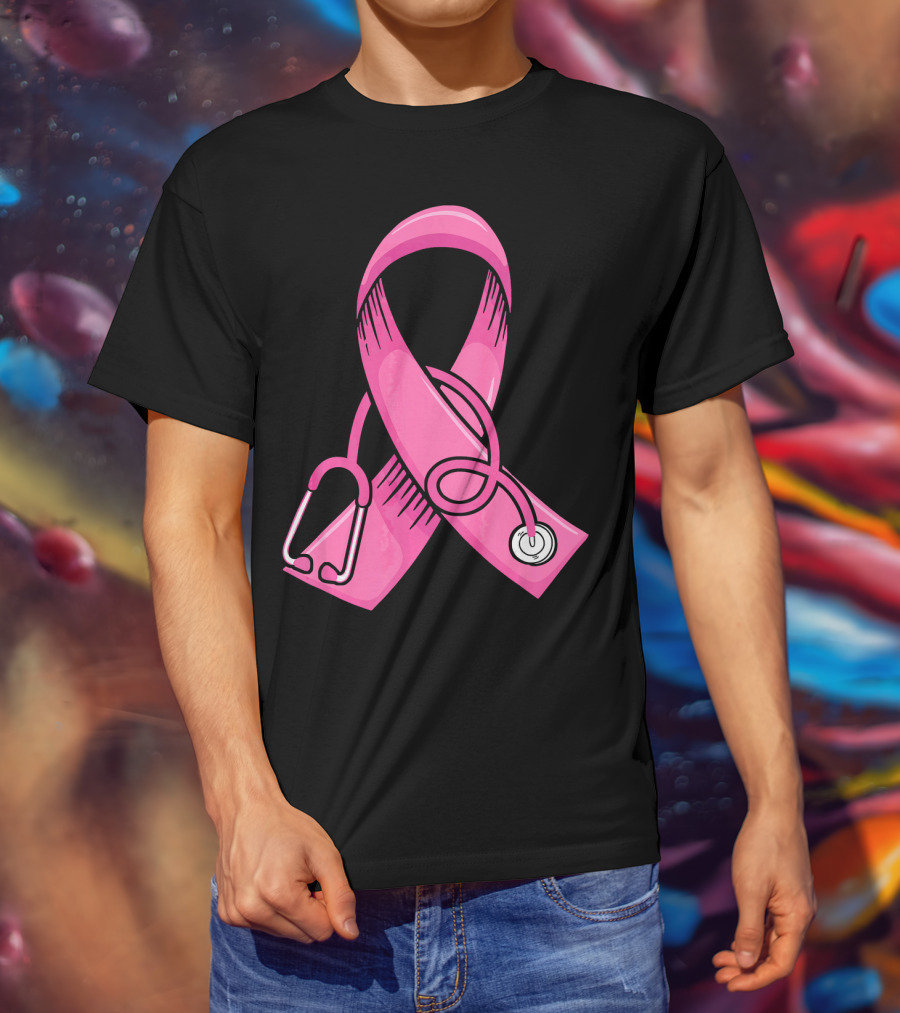 Pink Ribbon Heartbeat Nurse Doctor Breast Cancer Awareness Stethoscope T-Shirt
