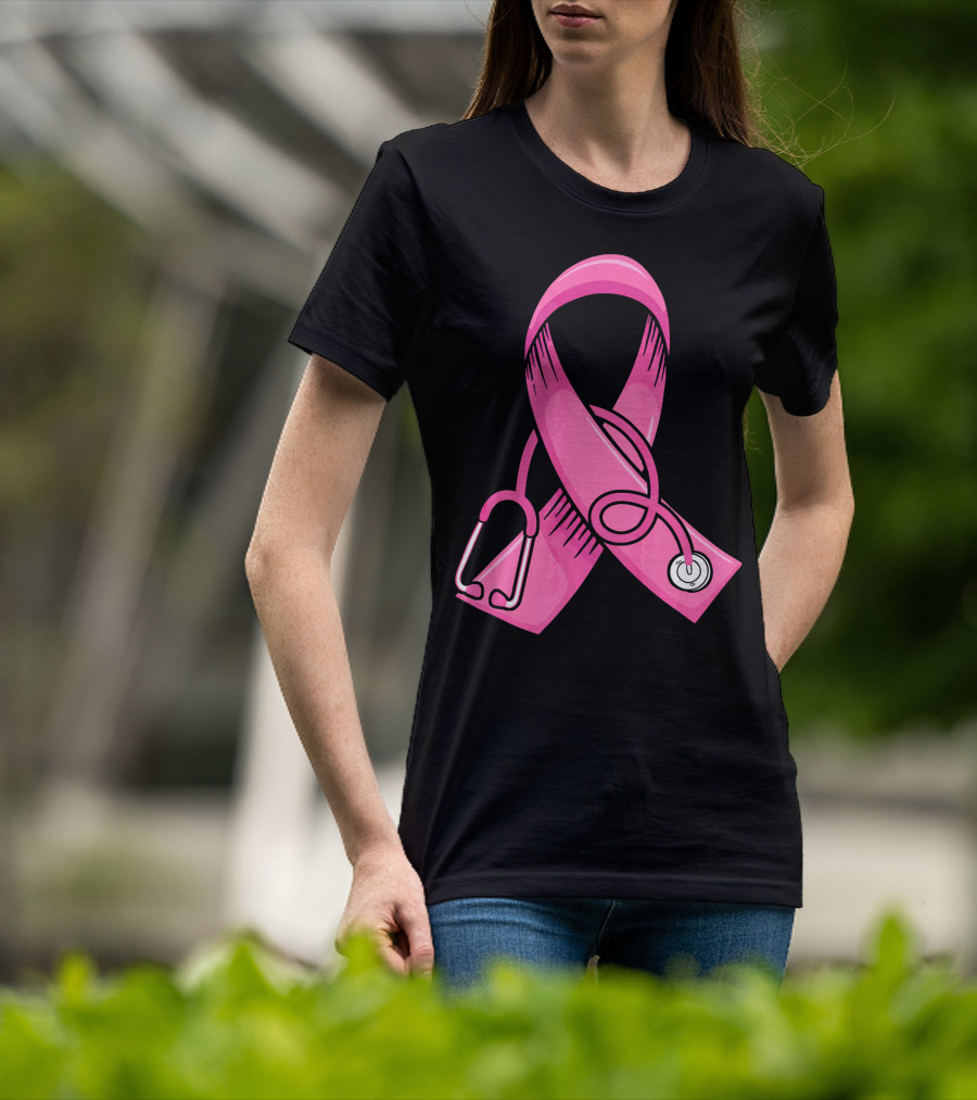 Pink Ribbon Heartbeat Nurse Doctor Breast Cancer Awareness Stethoscope T-Shirt